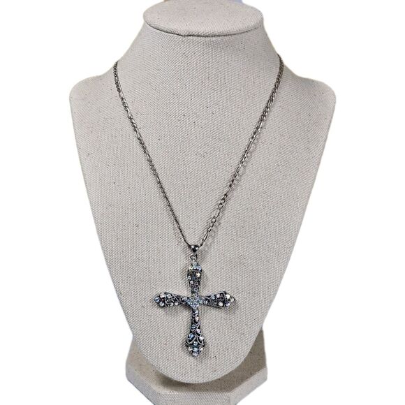 925 Sterling Silver Necklace Rhinestone Cross Sparkling Crystal Pendant Chain PD - Picture 2 of 14